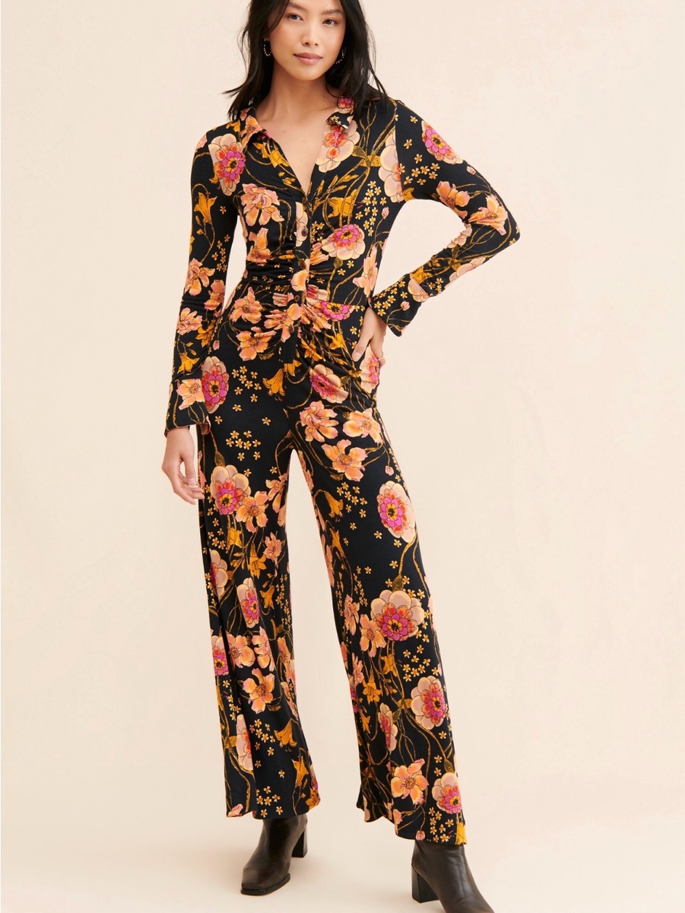 FREE PEOPLF Floral Wide-Leg Jumpsuit - Black/Peach NWT
